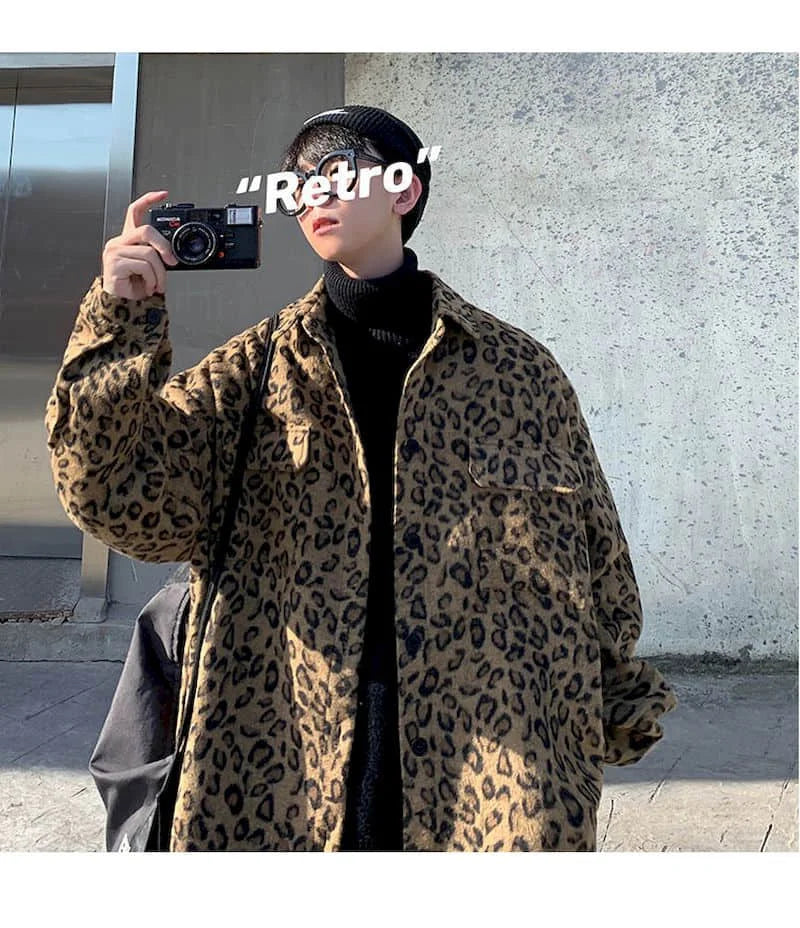 Threebooy Retro leopard print casual jacket men's autumn spring Korean trend handsome elegant temperament high street coat cool streetwear
