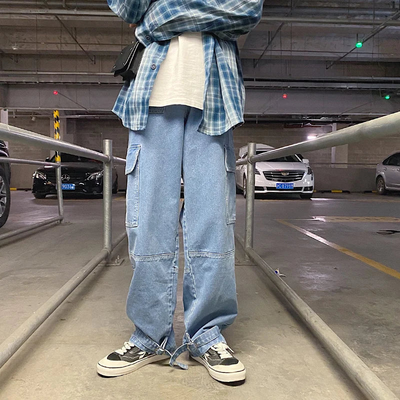 Threebooy Men Wide Leg Jeans Mens Spring cargo pants Hip Hop Streetwear New Loose Straight Baggy Denim Pants Male work jeans