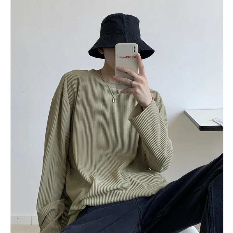 Threebooy Summer Pleated T Shirt Men's Fashion Solid Color Casual Long-sleeved T-shirt Men Korean Loose Oversize Ice Silk Tshirt Mens Tops