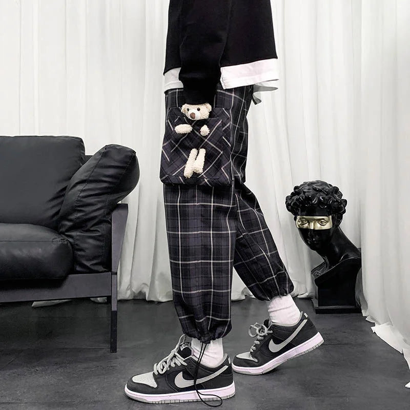 Threebooy Men's Leisure Bear Decorate Joggers Sweatpants Fashion Trend Hip Hop Casual Pants Homme Plaid Printing Trousers S-4XL