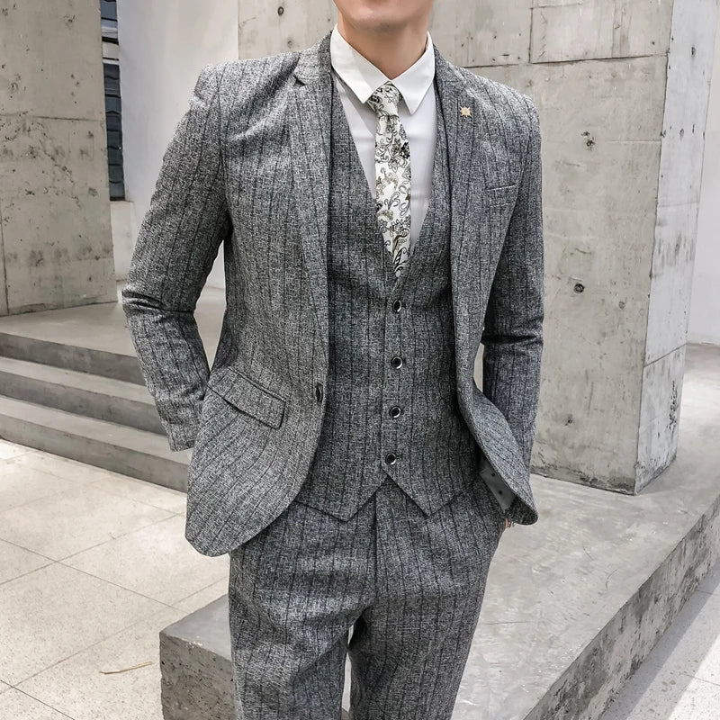 Threebooy Striped men's suit 3-Pieces Blazers+Pant Fashion Korean Slim Fit Casual men's tuxedo wedding men suits groom suit men's business
