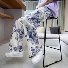 Threebooy Spring Summer Flower Pants Men's Fashion Printed Casual Pants Men Streetwear Loose Hip-hop Straight Wide-leg Pants Mens Trousers