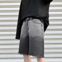 Threebooy  Summer Gradient Denim Shorts Men's Fashion Retro Denim Shorts Mens Streetwear Korean Loose Hip-hop Straight Denim Shorts Men