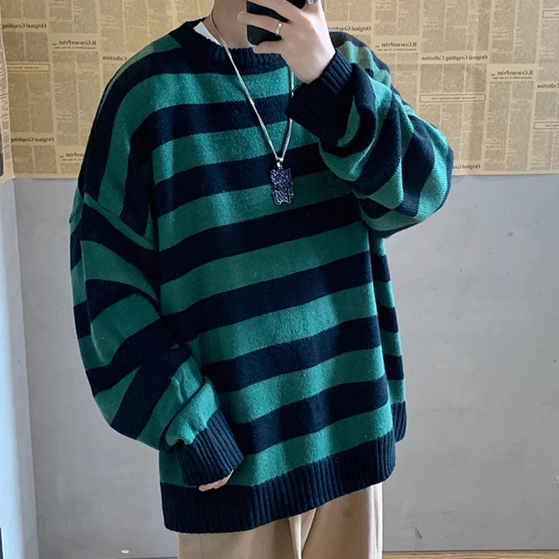 Threebooy Winter Knitted Sweater Men Striped Sweaters O-Neck Pullover Male Harajuku Oversized Sweaters Women Couple Hip Hop Jumper