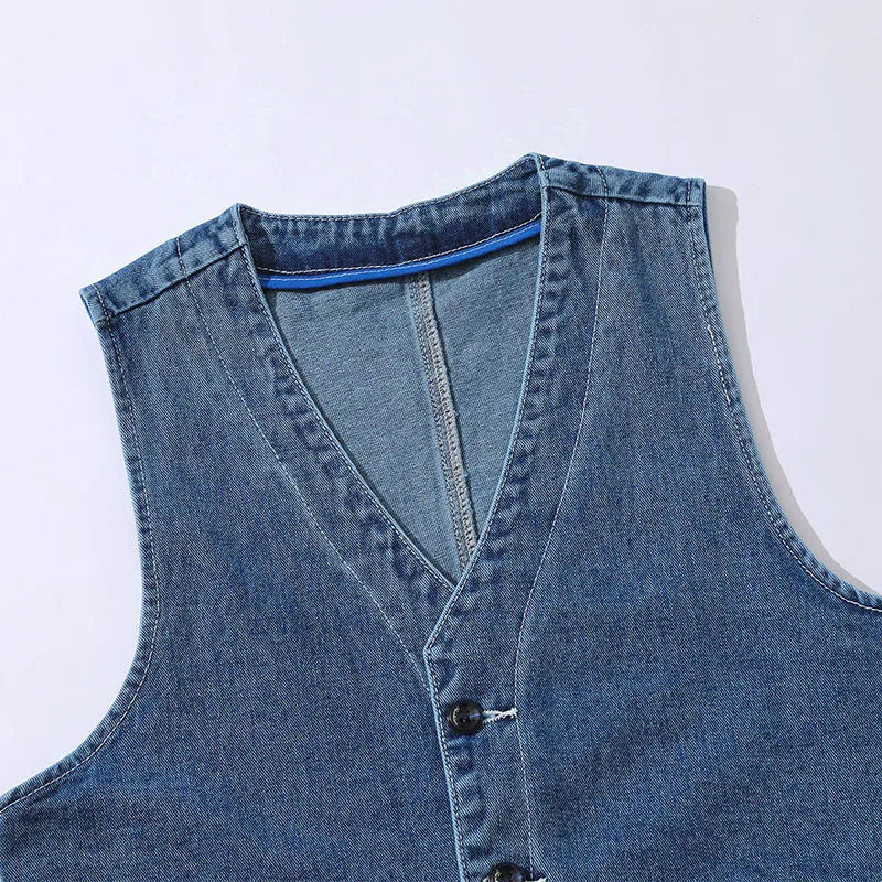 Threebooy  Denim Vest Men's Jacket Spring Autumn Jeans Jacket V-neck Design Korean Vest Loose Casual Fashion All-match Style Male Clothing
