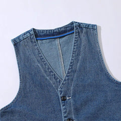 Threebooy  Denim Vest Men's Jacket Spring Autumn Jeans Jacket V-neck Design Korean Vest Loose Casual Fashion All-match Style Male Clothing
