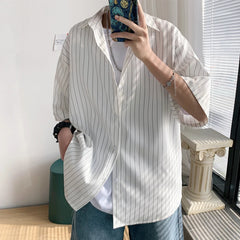 Threebooy Ruffian handsome black collared shirt men's summer casual loose Vertical Stripe shirt Short Sleeve Korean fashion handsome coat