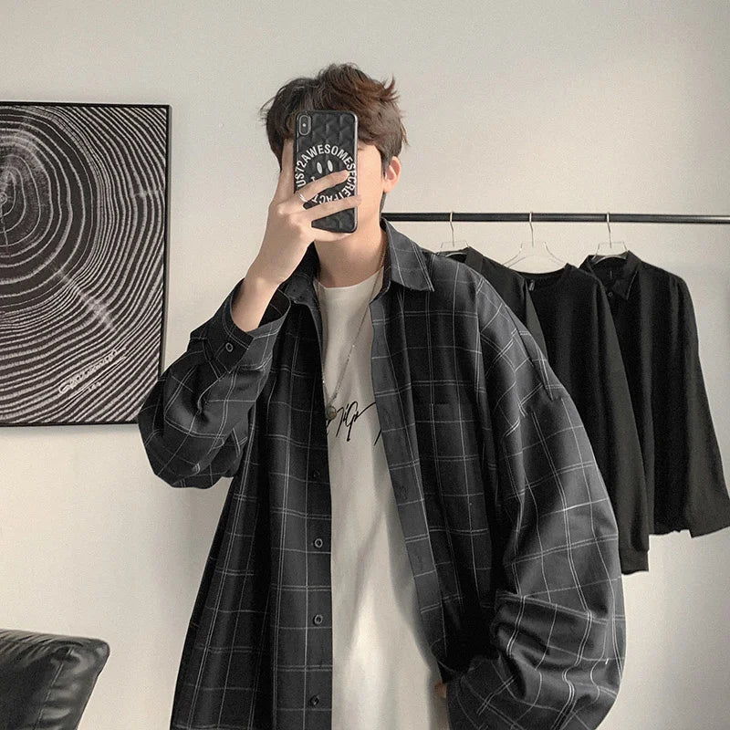 Threebooy Plaid Shirt Men's fashion brand ins casual versatile shirt Korean fashion coat handsome clothes