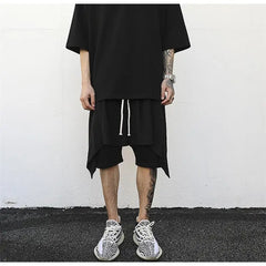 Threebooy Men's hip-hop style personality trend asymmetry spliced tight waist five minute pants high street style harem pants