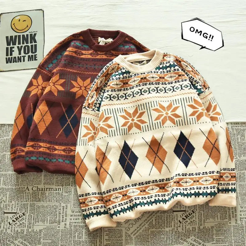 Threebooy Pullovers Vintage Retro Christmas Sweater Couple  Men's Knitted Sweater Winter Warm Casual Korean Streetwear Harajuku