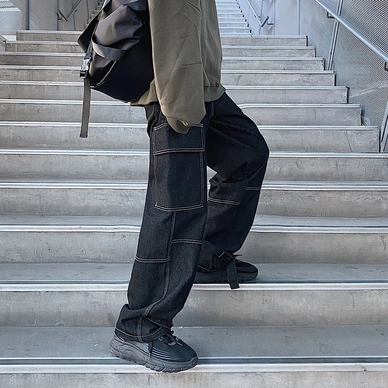 Threebooy Men Wide Leg Jeans Mens Spring cargo pants Hip Hop Streetwear New Loose Straight Baggy Denim Pants Male work jeans