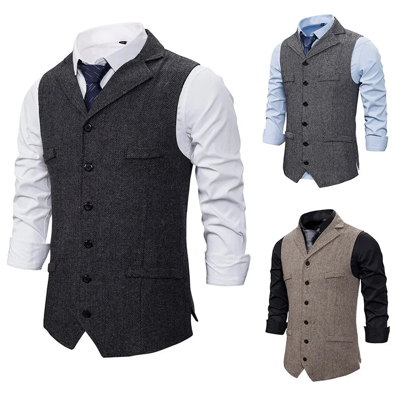 Threebooy Autumn Business Vest Men's Clothing Male Lapel Casual Men Suit Vest With Pockets Vest Outerwear Chaleco Hombre