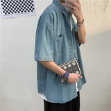 Threebooy Denim Shirts Male Harajuku Denim Shirt For Men Korean Oversized Casual Streetwear Short Half Sleeve Vintage Fashion