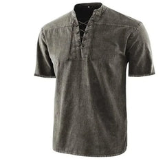 Threebooy  T Shirt Men Stand Collar Front Lace Up Short Sleeve V Neck Slim T Shirt Streetwear for Daily Wear Solid Retro Casual Tops Tees