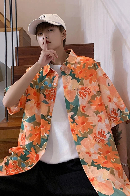 Threebooy shirt men's couple's Hawaiian Flower short sleeve coat fashion Korean summer quarter sleeve harajuku shirts for men