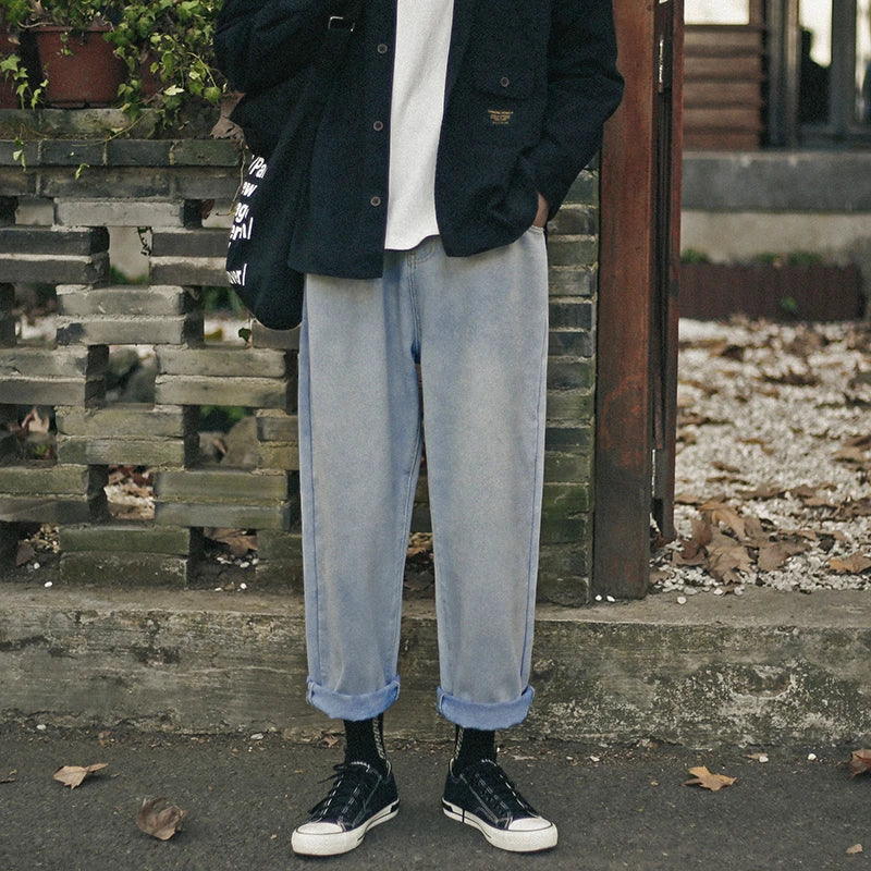 Threebooy  Wide legs Jeans Men Fashion Retro Solid Color Casual Straight Jean Pants Mens Streetwear Hip Hop Denim Pants Mens Trousers M-3XL
