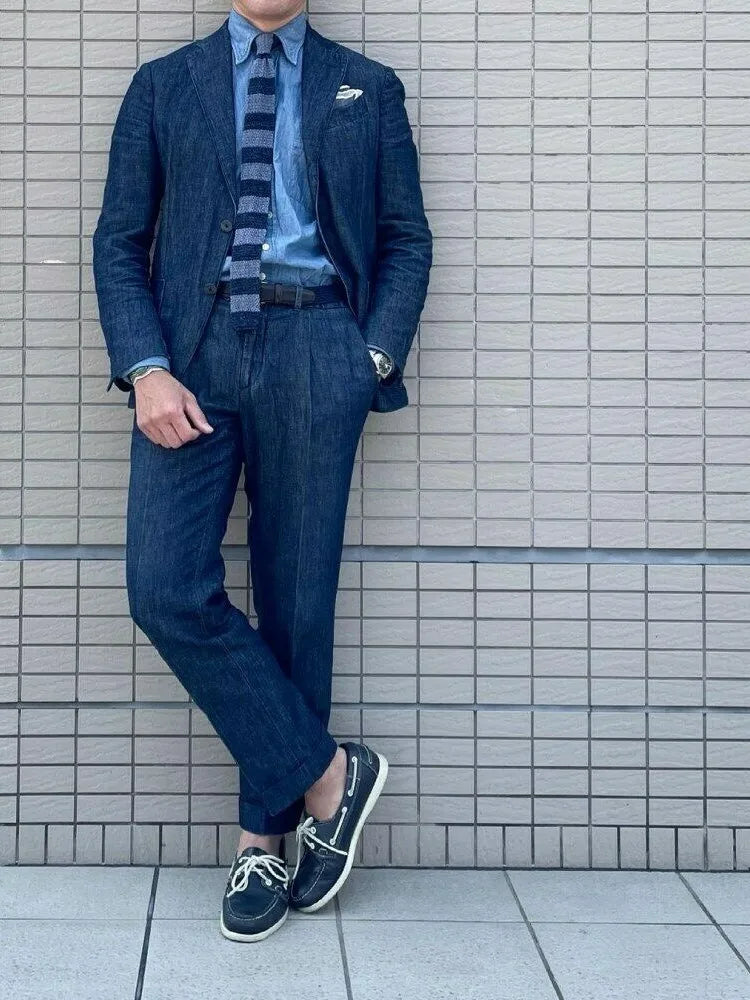 Threebooy  Costume Homme Denim Suits Suits Tailor-Made 2 Pieces Slim Fit Coat Pants Prom Tuxedos Wedding Groom Formal Work Casual Tailored