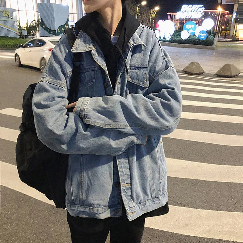 Threebooy Light Blue Black 2025 Fashion Casual Hip Hop Loose Denim Single-breasted Lapel Multi-pocket Youth Male Teenager Men's Hem Jacket