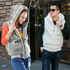 Threebooy New Men's Winter Coral Fleece Hoodie Thickened Jacket Vest Fashion Couple Sleeveless Vest Warm Casual Men's Hooded Jacket Men