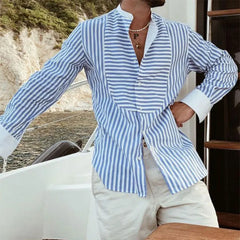 Threebooy  Men's Hawaiian Patchwork Striped Long Sleeve Shirts Fashion Casual Stand Collar Vacation Quick Dry Streetwear Leisure Blouse