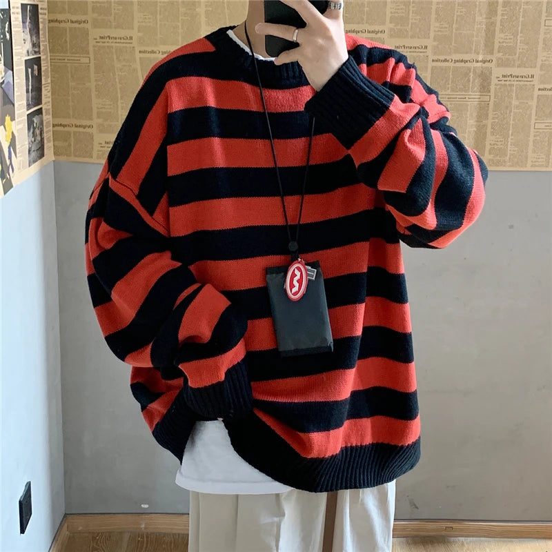 Threebooy Winter Knitted Sweater Men Striped Sweaters O-Neck Pullover Male Harajuku Oversized Sweaters Women Couple Hip Hop Jumper