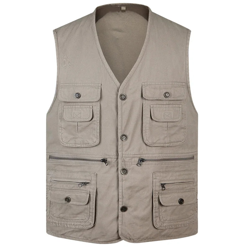 Threebooy  New Classic Summer Men Vest Cotton Button Multi Pocket Sleeveless Jacket Coat Solid Color Outdoor Fishing Waistcoat Plus Size
