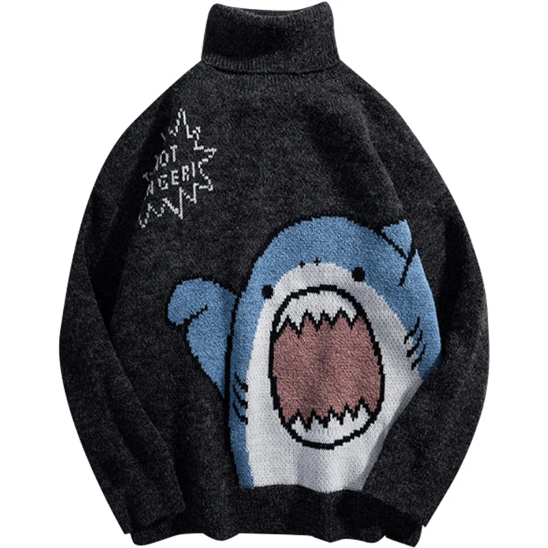 Threebooy Shark Sweater Men Winter Cartoon Harajuku Korean Y2k Oversized Turtleneck Hip Hop Loose Knit Jumper Pullover High Collar Sweater