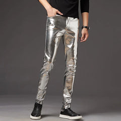 Threebooy  Mens Skinny Shiny Gold Silver Black Pu Leather Pants Motorcycle Men Nightclub Stage Pants for Singers Dancers Casual Trousers