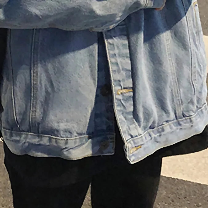 Threebooy Light Blue Black 2025 Fashion Casual Hip Hop Loose Denim Single-breasted Lapel Multi-pocket Youth Male Teenager Men's Hem Jacket