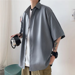 Threebooy Ruffian handsome black collared shirt men's summer casual loose Vertical Stripe shirt Short Sleeve Korean fashion handsome coat