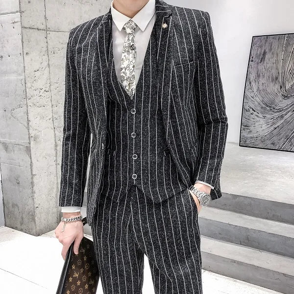 Threebooy Striped men's suit 3-Pieces Blazers+Pant Fashion Korean Slim Fit Casual men's tuxedo wedding men suits groom suit men's business