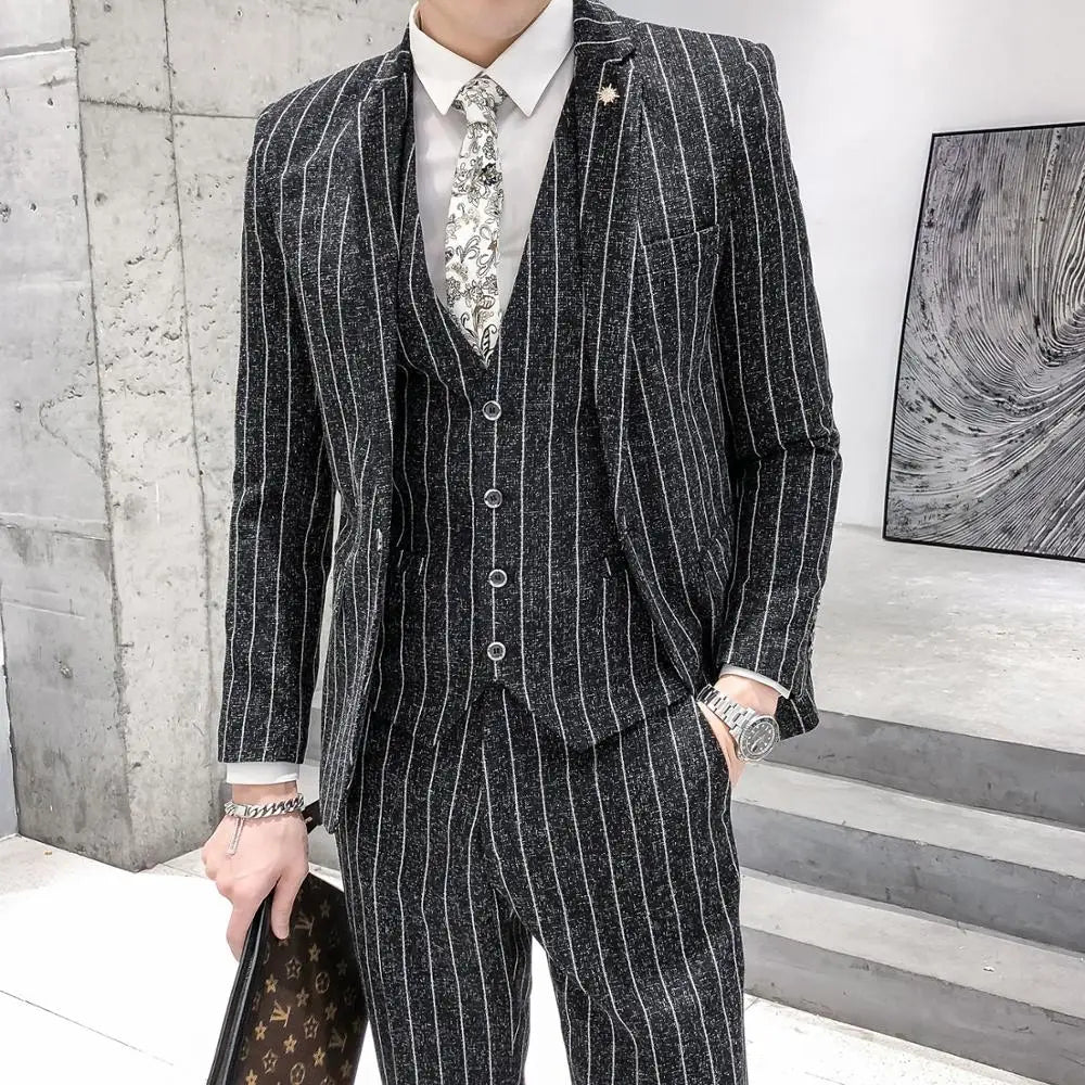 Threebooy Striped men's suit 3-Pieces Blazers+Pant Fashion Korean Slim Fit Casual men's tuxedo wedding men suits groom suit men's business