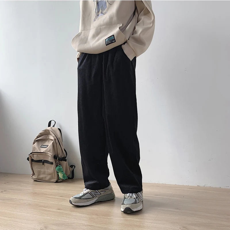 Threebooy Casual Loose Straight Pants Slacks Elastic Waistband Pant Joggers Corduroy Trousers Men's Work Pants Wide Leg Trousers Man Baggy