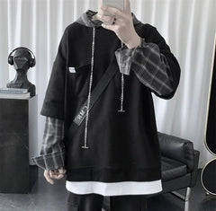 Threebooy Hooded sweater men's autumn Korean fashion versatile top loose fake two striped hip hop handsome coat