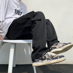 Threebooy  Black/white Cargo Pants Men Fashion Loose Straight Wide Leg Pants Men Streetwear Hip-hop Pocket Casual Pants Mens Trousers