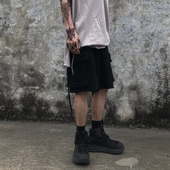 Threebooy Ins summer fashion Harajuku style dark black shorts trend loose solid color versatile tooling straight pants