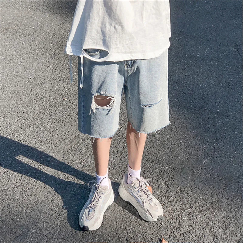 Threebooy Men's summer fashion brand loose straight boxed beggars' pants skinny jeans hombre men calca masculina pantacourt mens clothing