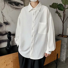 Threebooy hite shirt men's long sleeve Korean style trendy letter embroidery student handsome leisure with black shirt DK