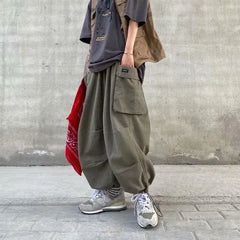 Threebooy Y2k Baggy Cargo Pants 100% Cotton Joggers Streetwear Ankle-Length Casual Harem Long Trousers Men Wide Leg Oversize New