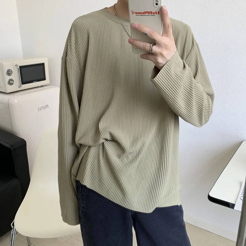 Threebooy Summer Pleated T Shirt Men's Fashion Solid Color Casual Long-sleeved T-shirt Men Korean Loose Oversize Ice Silk Tshirt Mens Tops