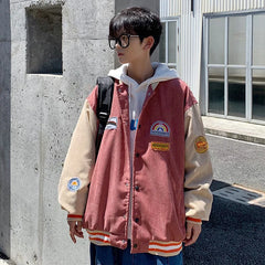 Threebooy Spring and autumn corduroy jacket men's ins tide brand Harajuku style Korean style versatile handsome loose Baseball Jacket