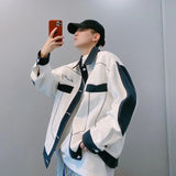 Threebooy  autumn  high street new loose blue and white color matching bright line work jacket men's ins winter jackets