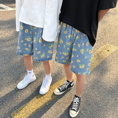 Threebooy  Summer Cotton Denim Shorts Men's Fashion Casual Flowers Denim Shorts Men Streetwear Korean Loose Drawstring Denim Shorts Mens