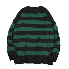 Threebooy  Black Stripe Sweaters Destroyed Ripped Sweater Men Pullover Hole Knit Jumpers Men Oversized Sweatshirt Harajuku Long Sleeve Tops