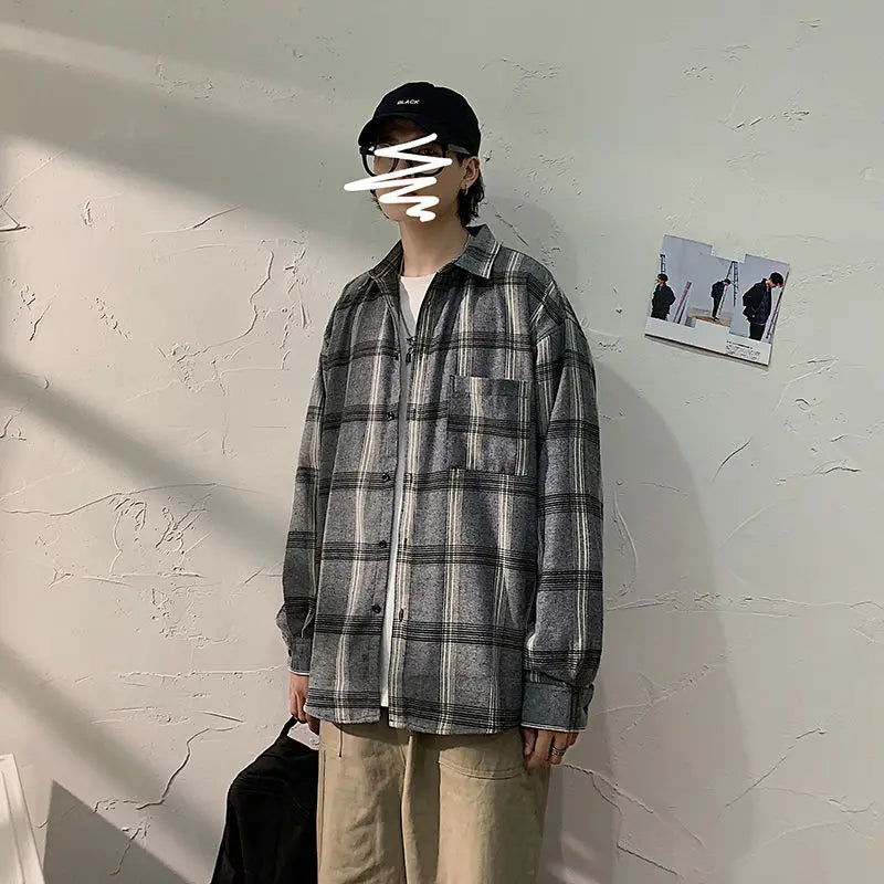 Threebooy  Autumn Plaid Shirt Men's Fashion Retro Casual Shirt Men Streetwear Wild Loose Long Sleeve Shirts Mens Large Size M-5XL