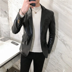 Threebooy Blazer Hombre PU Leather Jackets Men Fashion Solid Slim Fit One Button Business Casual Blazers For Men Korean style Suit Jacket