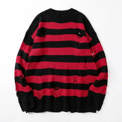 Threebooy  Black Stripe Sweaters Destroyed Ripped Sweater Men Pullover Hole Knit Jumpers Men Oversized Sweatshirt Harajuku Long Sleeve Tops