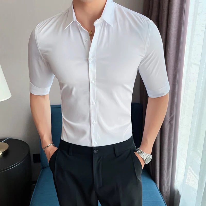 Threebooy  Korean Fashion Solid Colors Summer Half Sleeve Design Slim Fit Button Down Casual Shirts