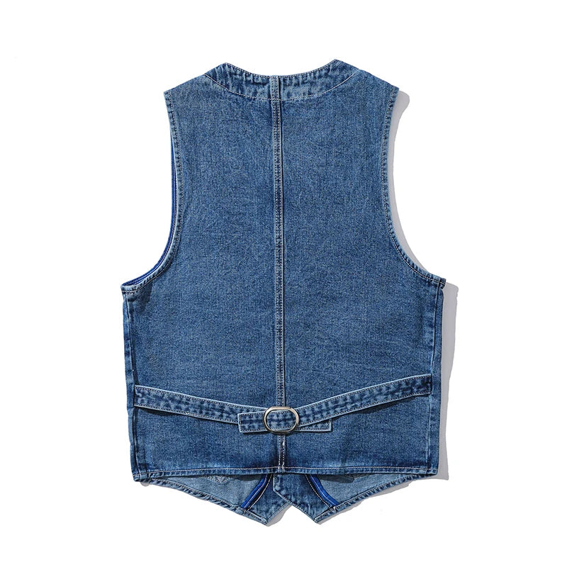 Threebooy  Denim Vest Men's Jacket Spring Autumn Jeans Jacket V-neck Design Korean Vest Loose Casual Fashion All-match Style Male Clothing