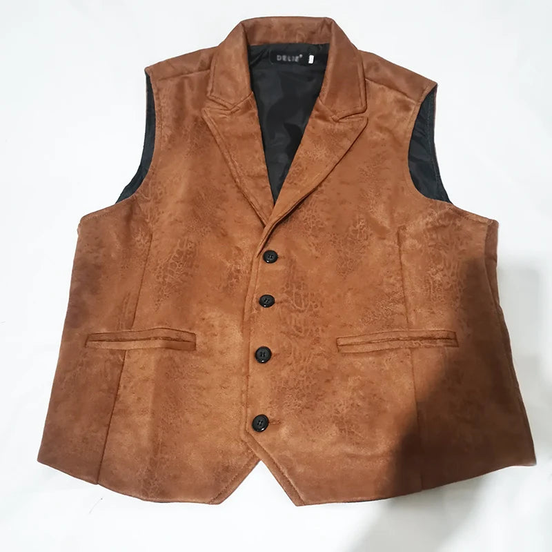 Threebooy Vest Men Casual Waistcoat Man Faux leather fashion leather Slim vest lapel classical Vintage gilet European style male